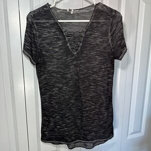 BKE‎ Top Womens S Black Burn out Space Dye Lattice V-Neck Lace Up Tee Grunge Y2K